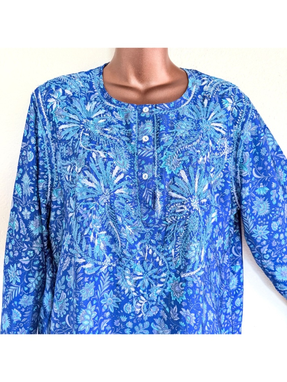 Dolma Blue 100% Silk Floral Embroidered Boho Coastal Resortwear Tunic XL - Picture 4 of 17